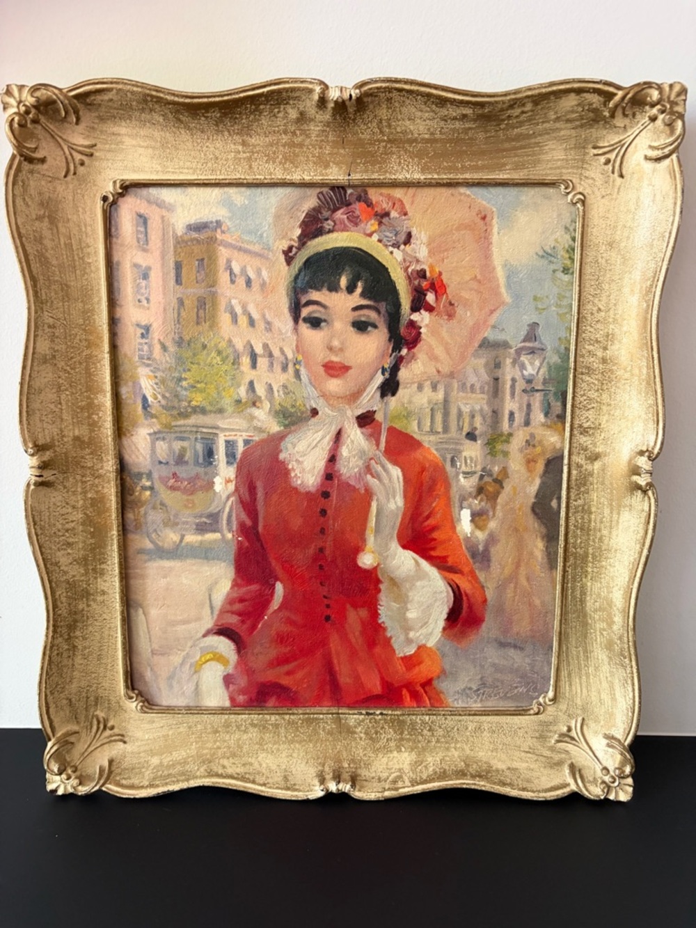 Vintage 1960s Lady in Red with Parasol Gold Framed Impressionist Painting